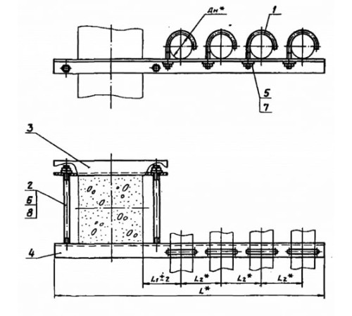Крепления четырёх трубопроводов к ж/б колоннам в Полоцке